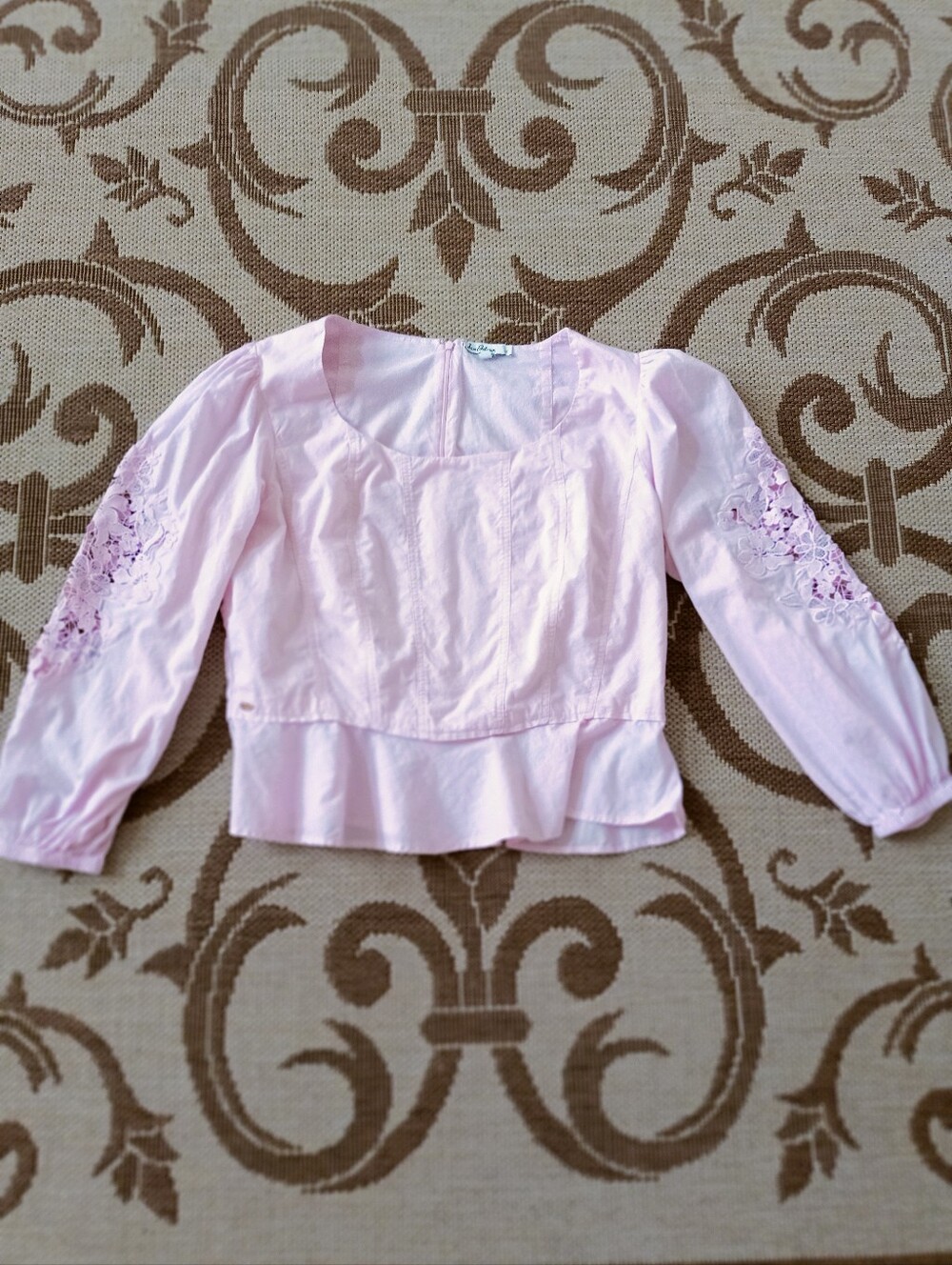 Sam Edelman Lace Detail 3/4 Sleeve Peplum Cotton Blouse Back Zipper siz L Pink - Picture 9 of 16